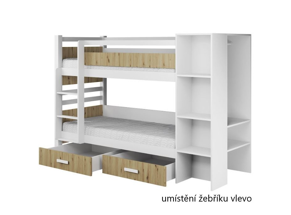 Dětská patrová postel z masivu borovice APOLLO se šuplíky a regálem - 180x80 cm - bílá/dub artisan