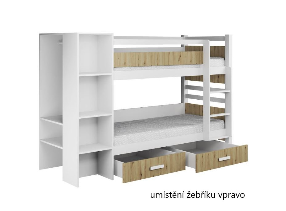 Dětská patrová postel z masivu borovice APOLLO se šuplíky a regálem - 200x90 cm - bílá/antracit