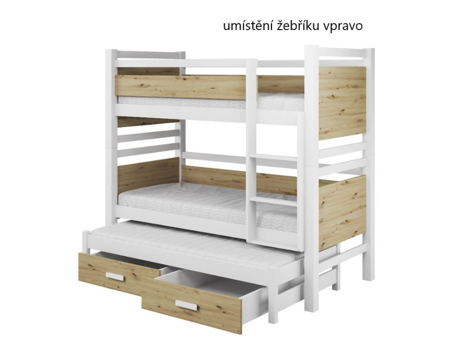 Dětská patrová postel z masivu borovice JANIS III s přistýlkou a šuplíky - 180x80 cm - bílá/kašmírová