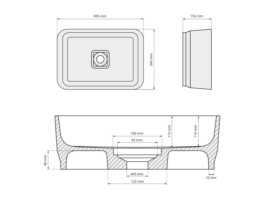 Polysan BANERA SQUARE umyvadlo na desku, litý mramor, 50x36cm, bílá/béžová mat 14596.82