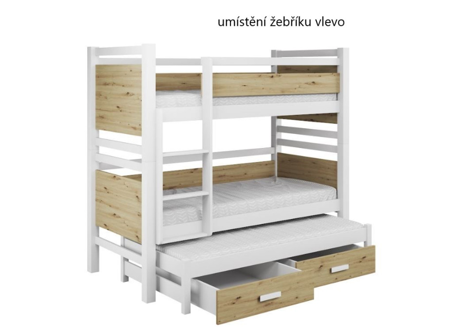 Dětská patrová postel z masivu borovice JANIS III s přistýlkou a šuplíky - 180x80 cm - přírodní borovice/bílá