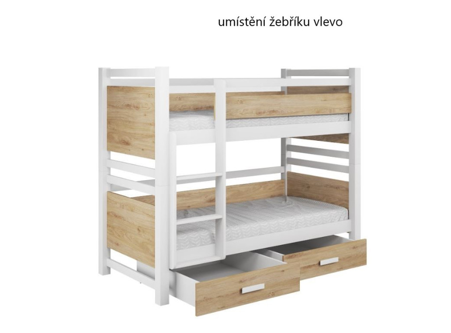 Dětská patrová postel z masivu borovice JANIS III s přistýlkou a šuplíky - 200x90 cm - bílá/dub artisan