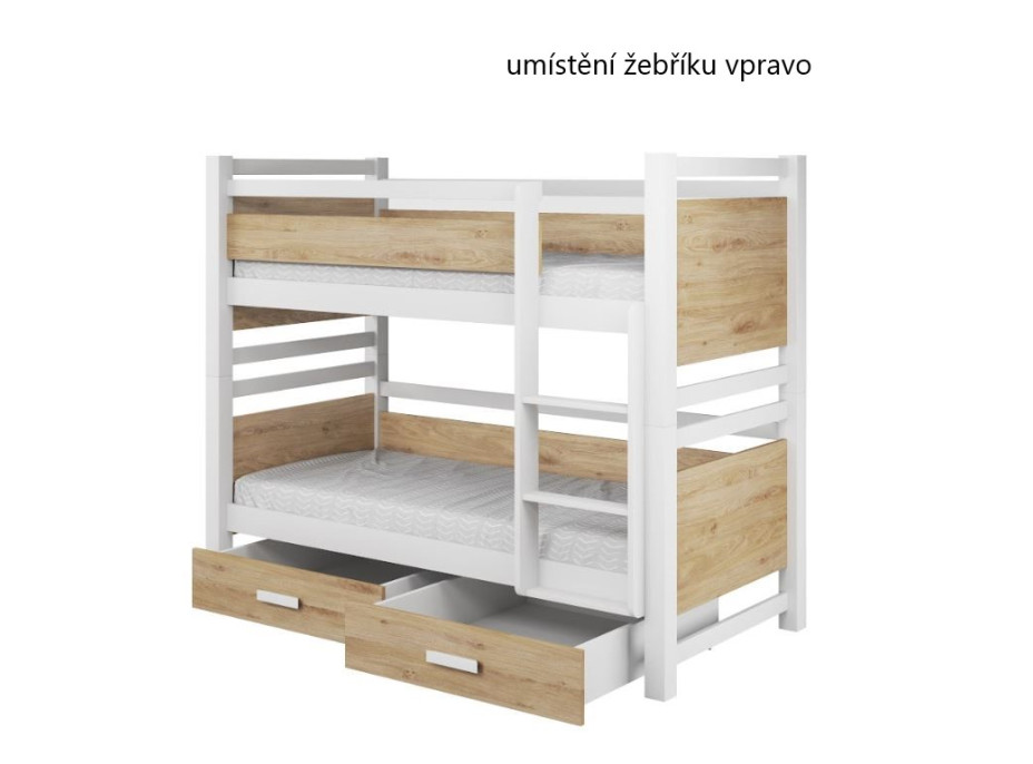 Dětská patrová postel z masivu borovice JANIS III s přistýlkou a šuplíky - 200x90 cm - přírodní borovice/bílá