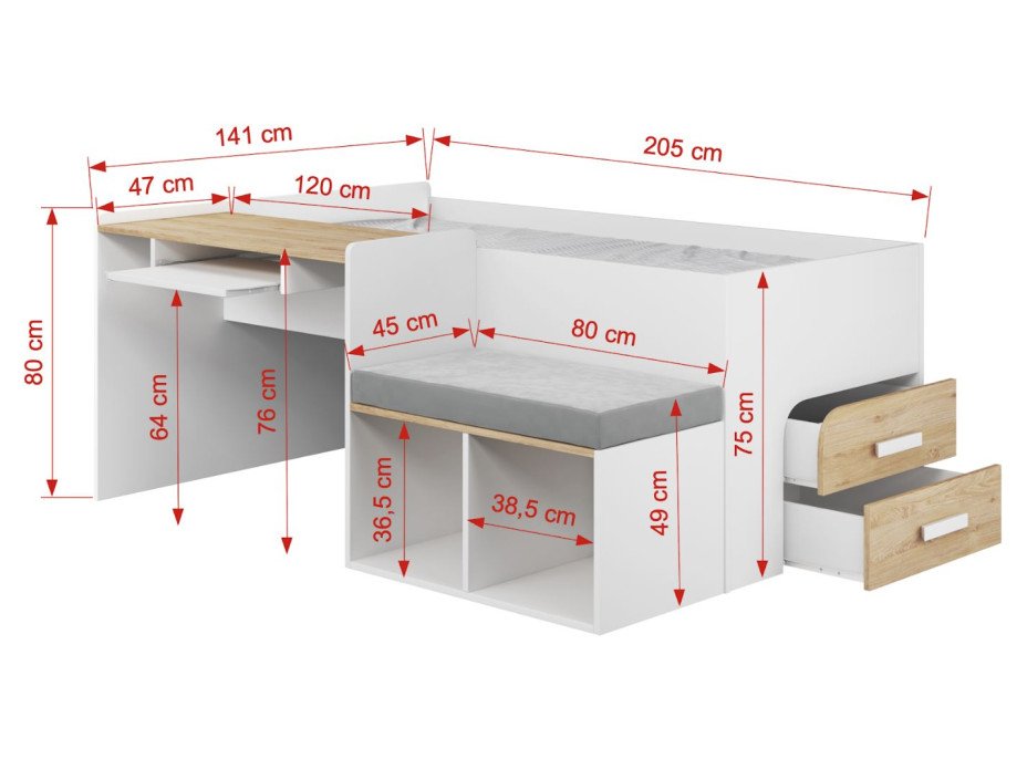 Dětská postel z masivu borovice MEGAN s psacím stolem a úložnými prostory - 200x90 cm - bílá/dub sonoma
