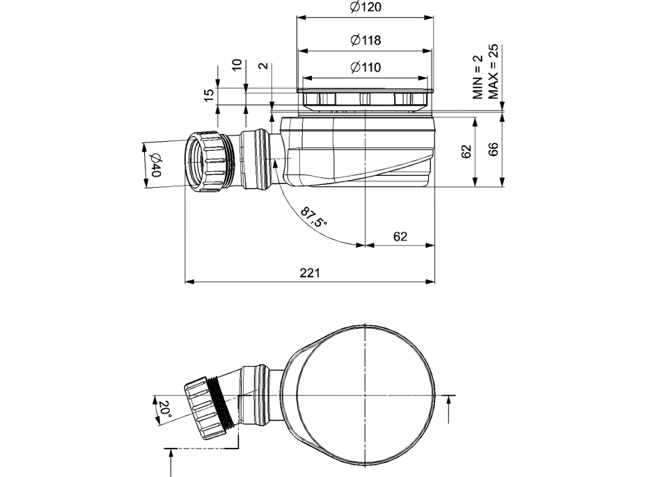 Polysan Vaničkový sifon, průměr 90mm, DN40, nízký, krytka nerez lesk 17916