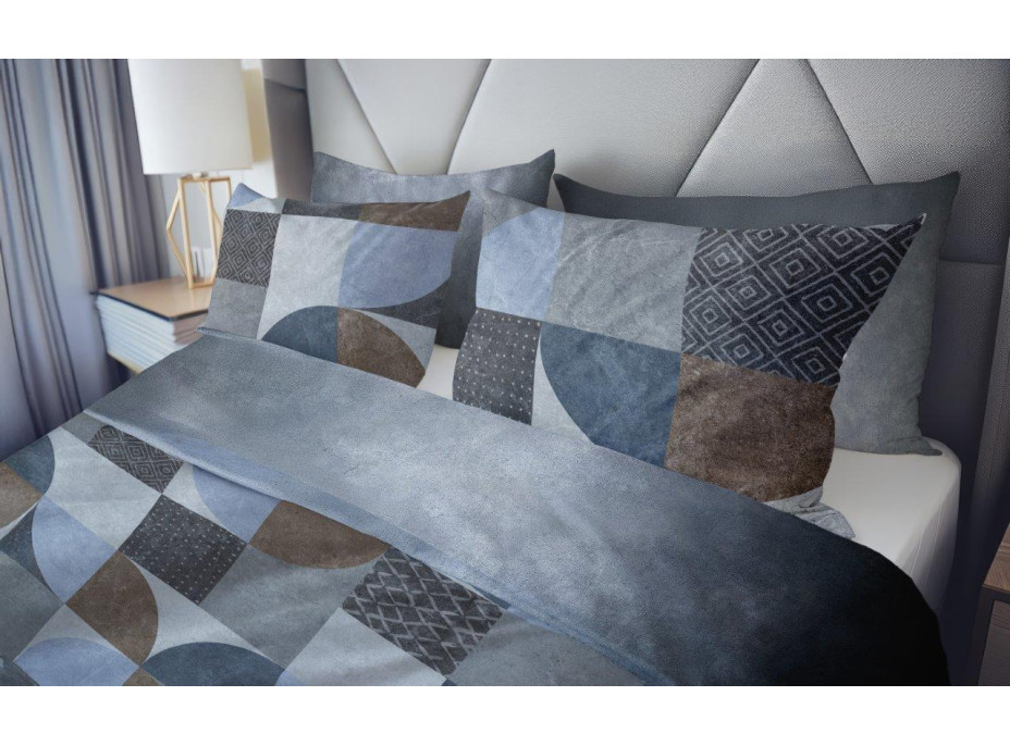 Saténové povlečení NOBILE Geometry- šedé/modré/hnědé - 160x200 cm