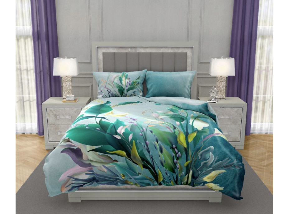 Saténové povlečení NOBILE Flowers - tyrkysové - 220x200 cm