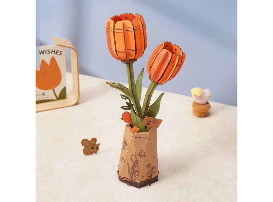 ROBOTIME Rowood 3D dřevěné puzzle Oranžové tulipány 76 dílků