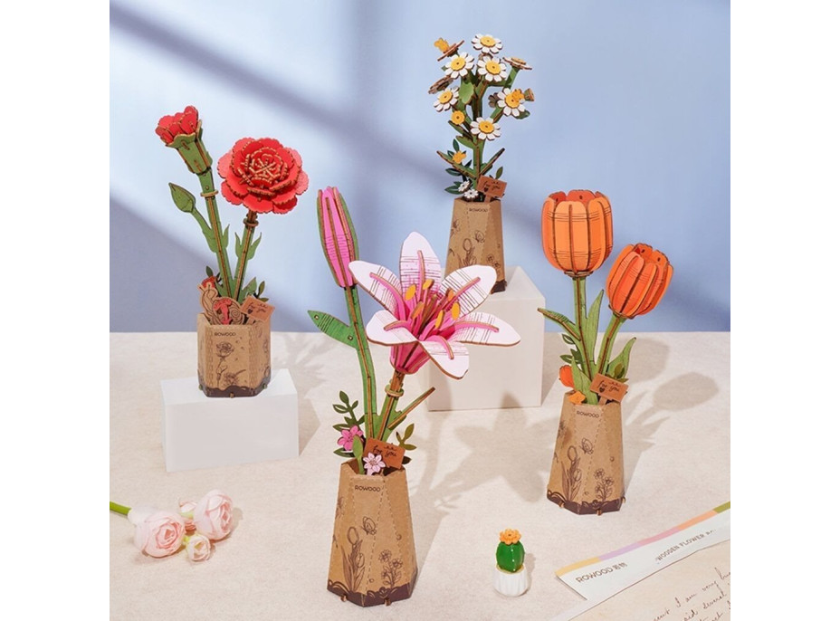 ROBOTIME Rowood 3D dřevěné puzzle Oranžové tulipány 76 dílků