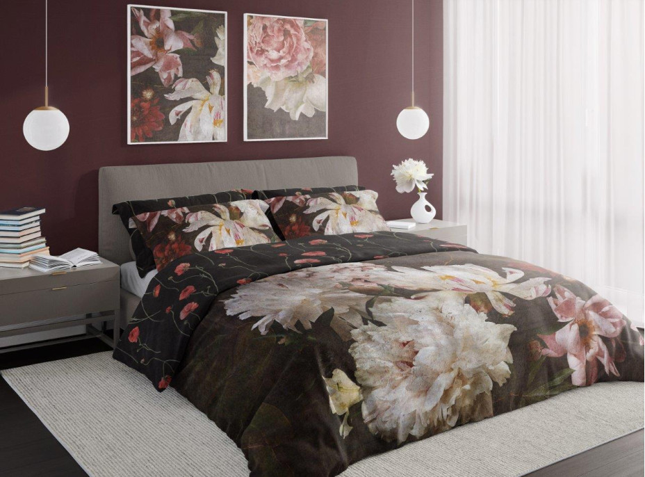Saténové povlečení NOBILE Peonies - tmavě hnědé - 160x200 cm