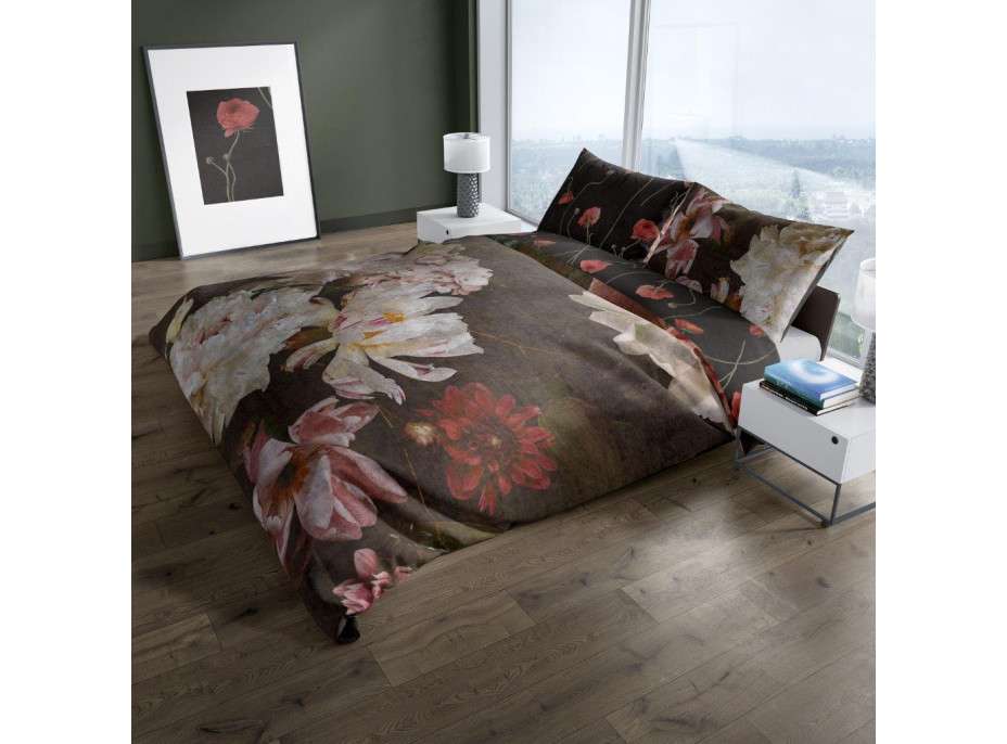 Saténové povlečení NOBILE Peonies - tmavě hnědé - 160x200 cm