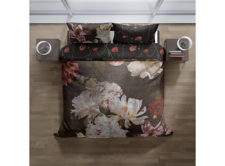 Saténové povlečení NOBILE Peonies - tmavě hnědé - 160x200 cm