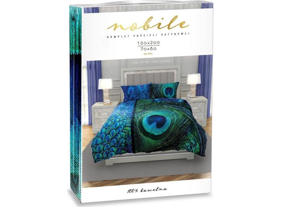 Saténové povlečení NOBILE Peacock - modré/zelené - 160x200 cm