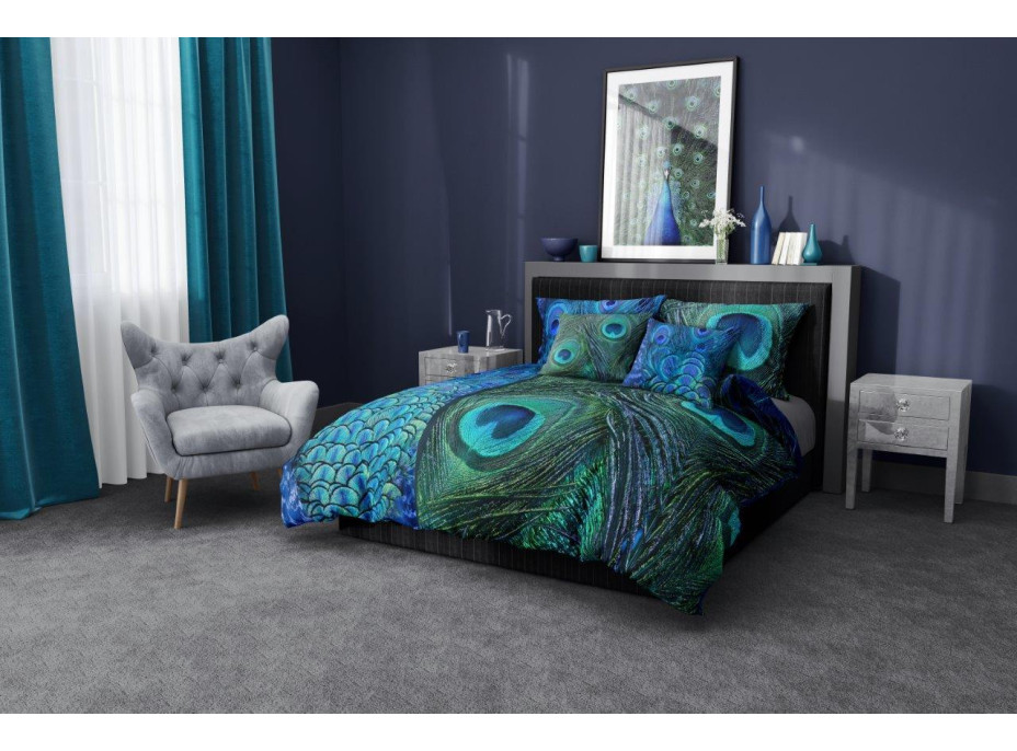 Saténové povlečení NOBILE Peacock - modré/zelené - 160x200 cm