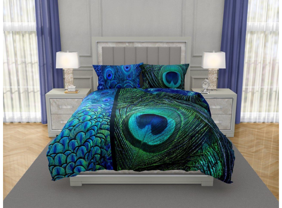 Saténové povlečení NOBILE Peacock - modré/zelené - 160x200 cm