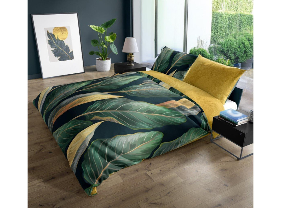 Saténové povlečení NOBILE Leaves- zelené/žluté - 160x200 cm