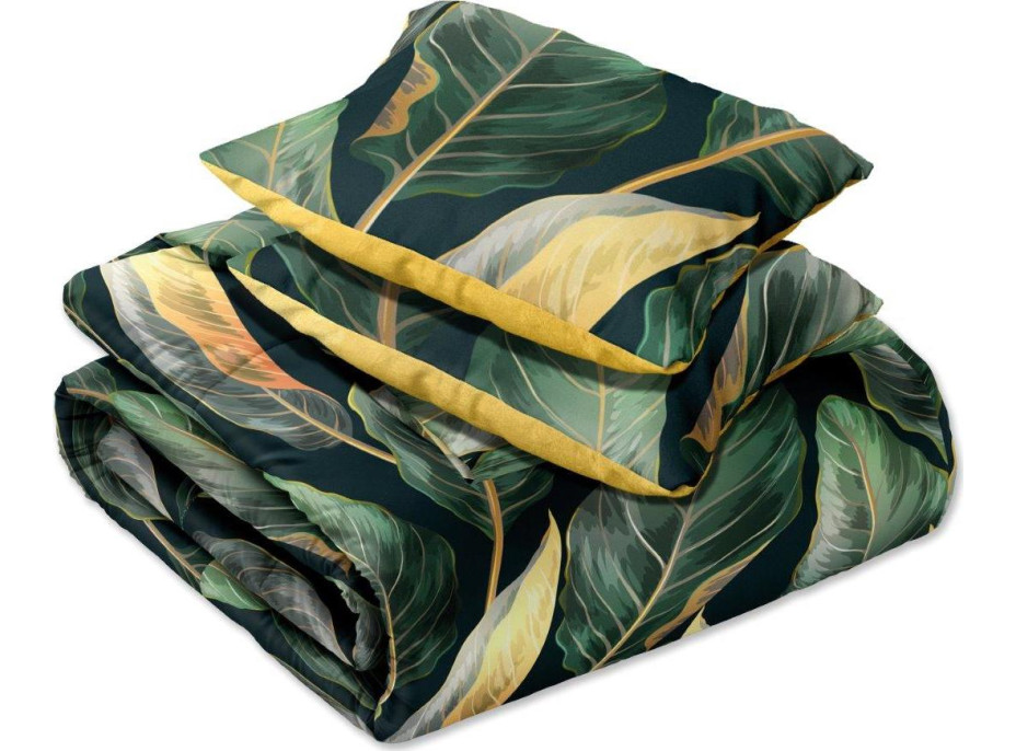 Saténové povlečení NOBILE Leaves- zelené/žluté - 160x200 cm