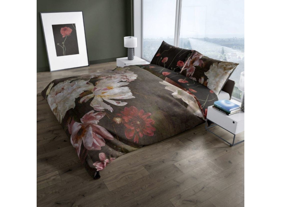 Saténové povlečení NOBILE Peonies - tmavě hnědé - 140x200 cm