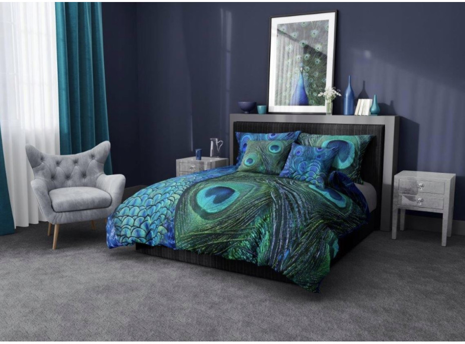 Saténové povlečení NOBILE Peacock - modré/zelené - 140x200 cm