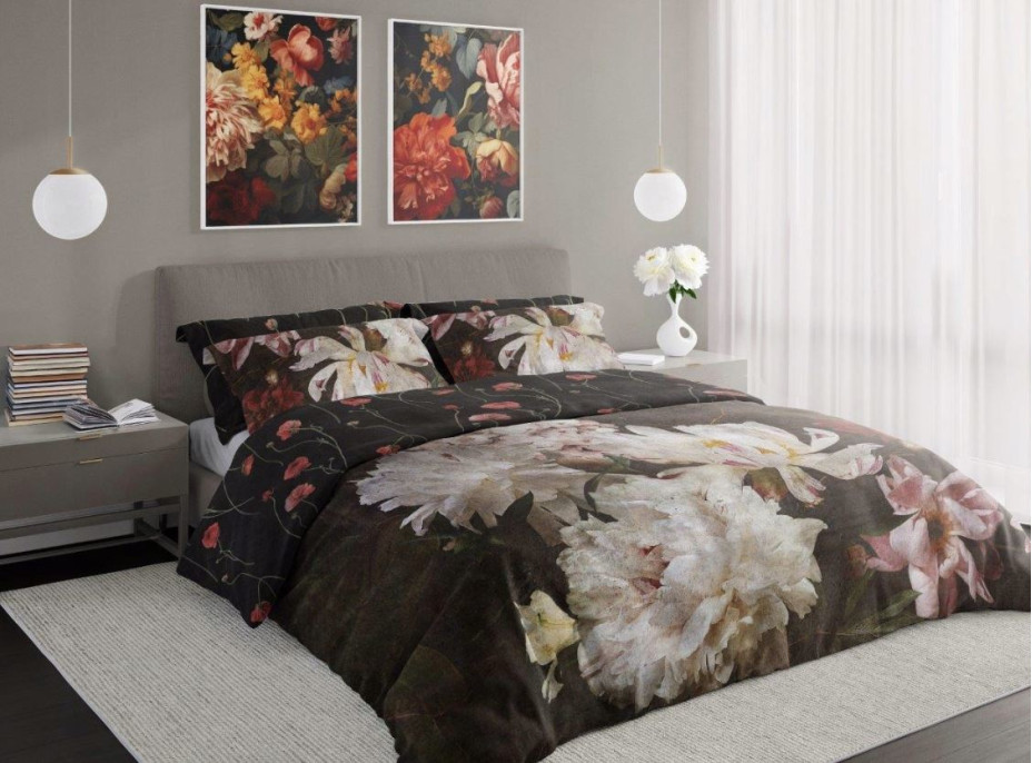 Saténové povlečení NOBILE Peonies - tmavě hnědé - 140x200 cm