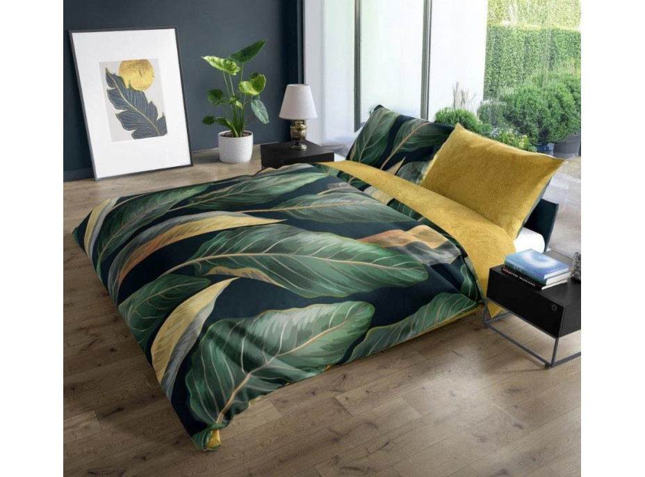 Saténové povlečení NOBILE Leaves- zelené/žluté - 140x200 cm