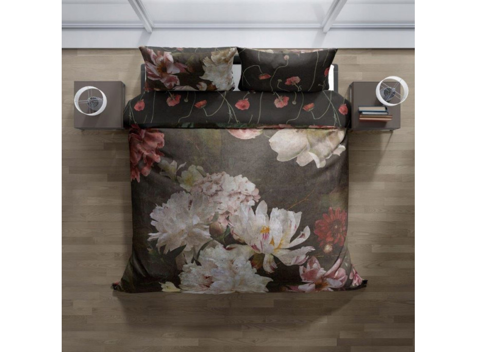 Saténové povlečení NOBILE Peonies - tmavě hnědé - 140x200 cm