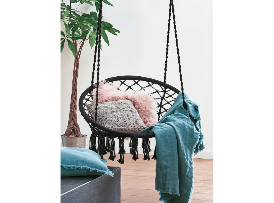 Závěsné houpací BOHO křeslo s polštářem - černé/šedé