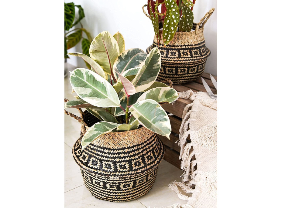 BOHO Ethnic koš z mořské trávy - 25x28 cm - přírodní/černý