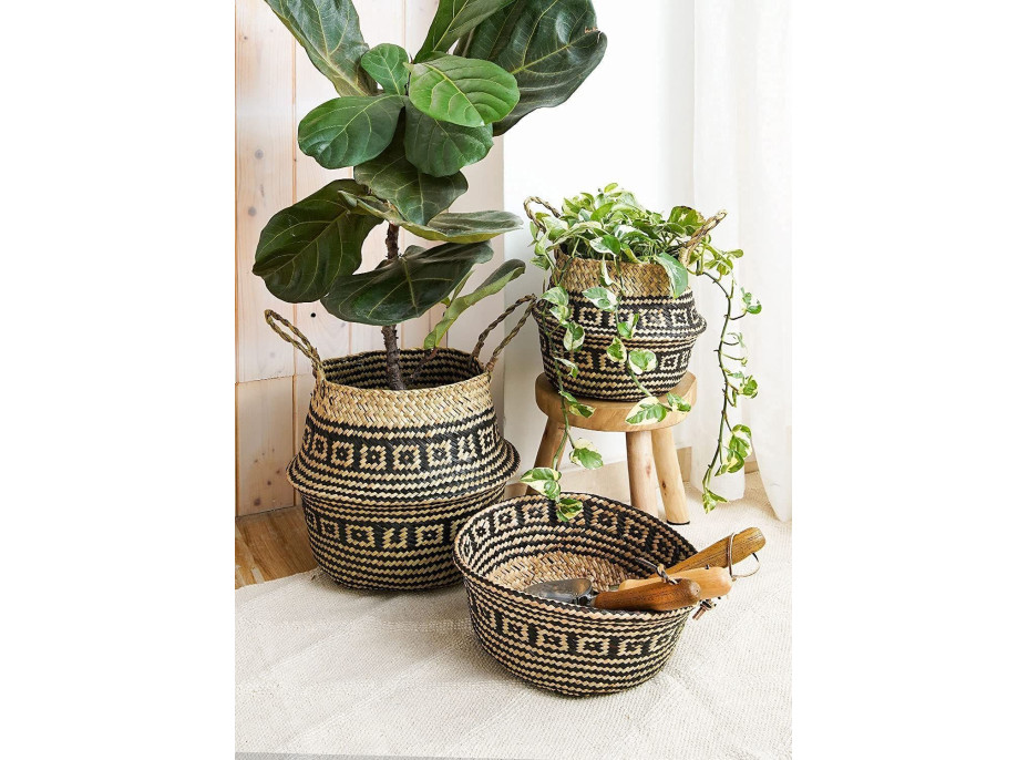 BOHO Ethnic koš z mořské trávy - 25x28 cm - přírodní/černý
