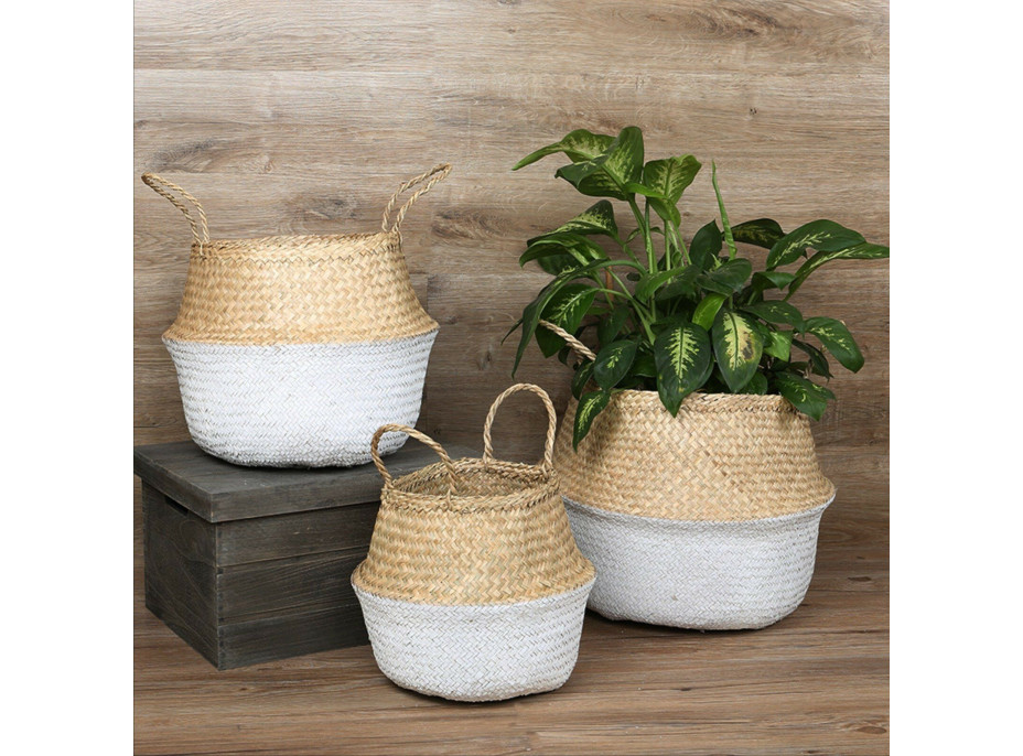 BOHO koš z mořské trávy - 32x28 cm - přírodní/bílý