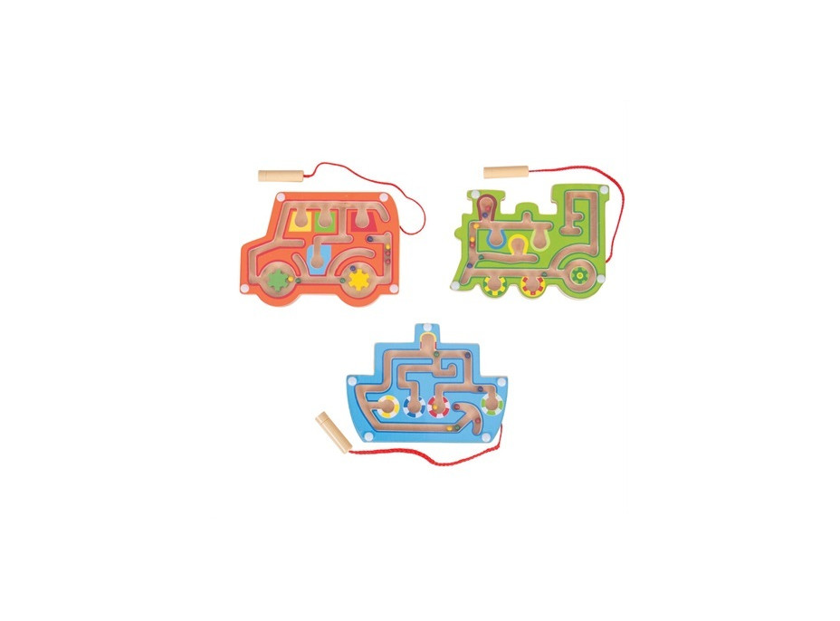 Bigjigs Toys Dřevěný magnetický labyrint Červené auto