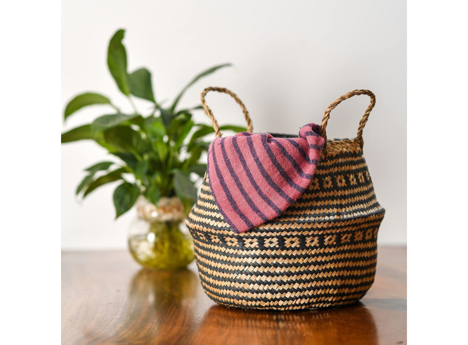 BOHO Ethnic koš z mořské trávy - 25x28 cm - přírodní/černý