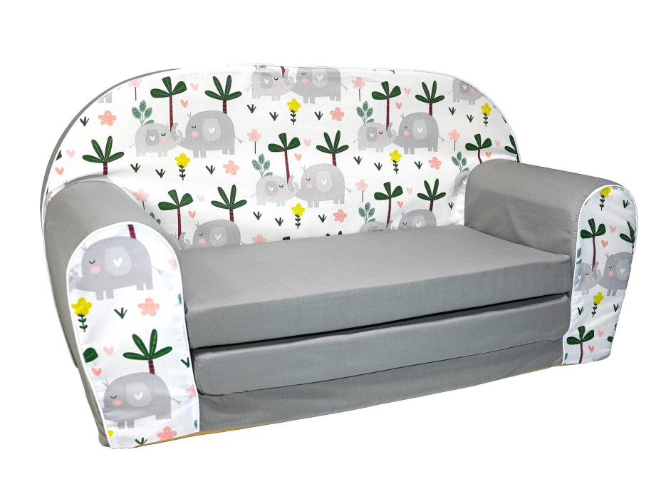 Dětská rozkládací MINI pohovka Sloni - bílá/šedá