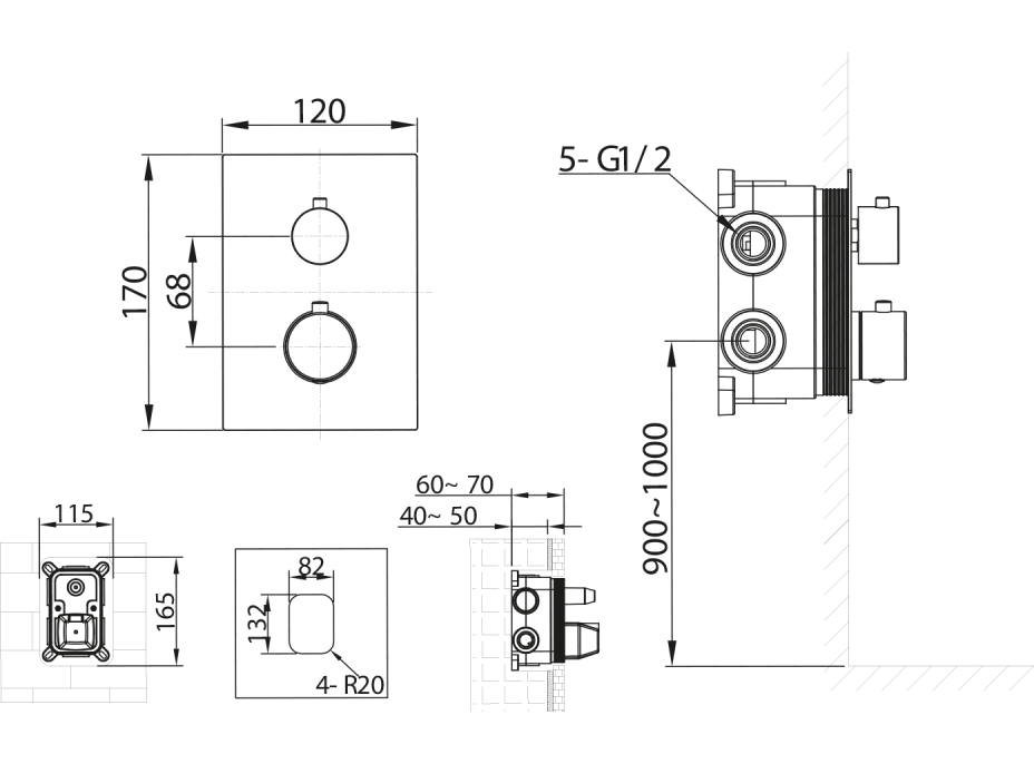 Sapho KIMURA podomítková sprchová termostatická baterie, box, 3 výstupy, chrom KU683