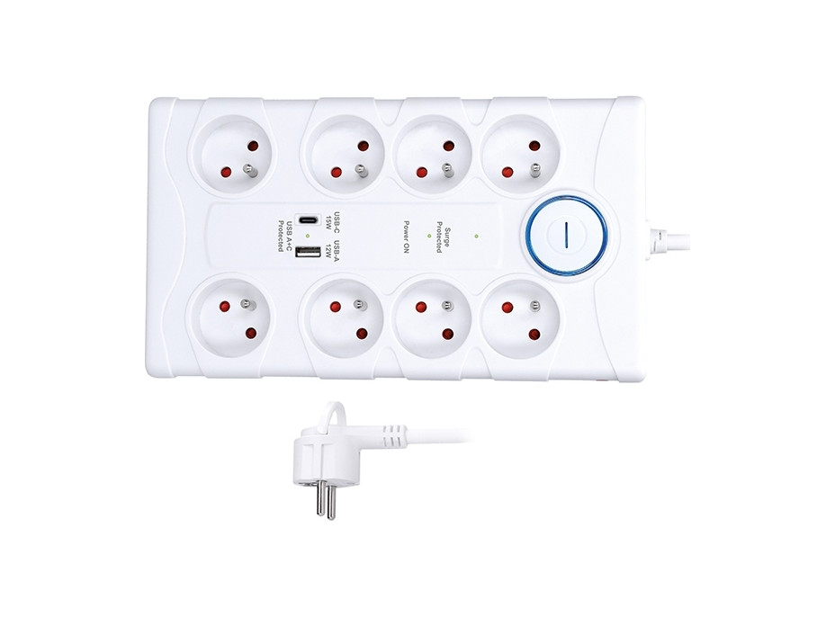 Solight přepěťová ochrana, 8z, USB A+C, 2m, bílá