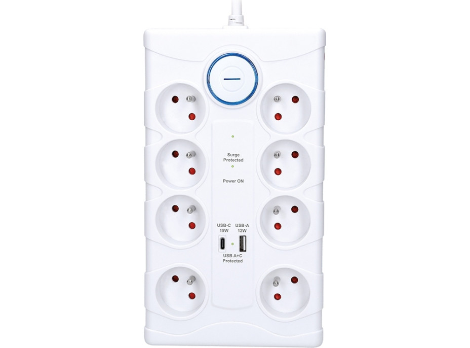 Solight přepěťová ochrana, 8z, USB A+C, 2m, bílá