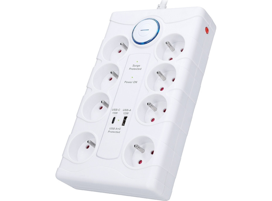 Solight přepěťová ochrana, 8z, USB A+C, 2m, bílá