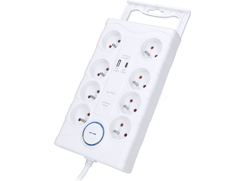 Solight přepěťová ochrana, 8z, USB A+C, 2m, bílá