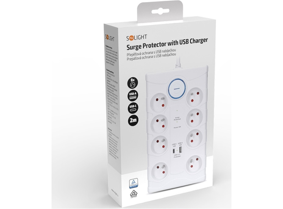 Solight přepěťová ochrana, 8z, USB A+C, 2m, bílá