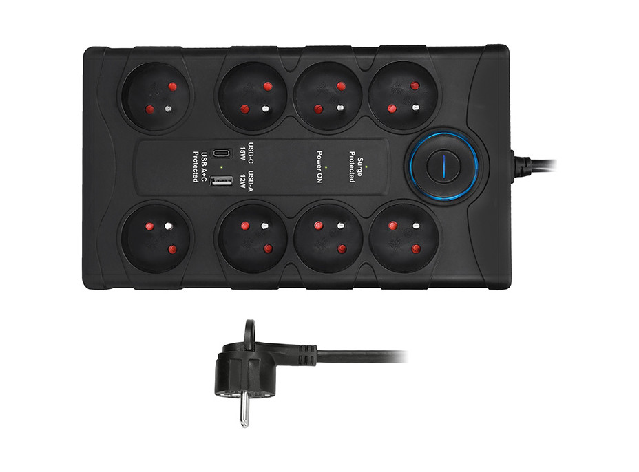 Solight přepěťová ochrana, 8z, USB A+CA, 2m, černá
