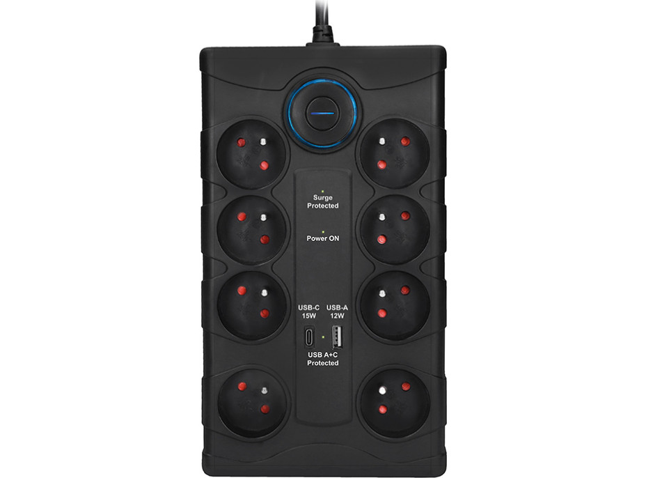 Solight přepěťová ochrana, 8z, USB A+CA, 2m, černá