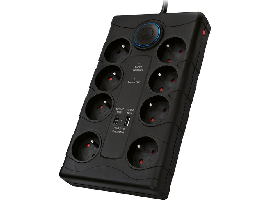 Solight přepěťová ochrana, 8z, USB A+CA, 2m, černá