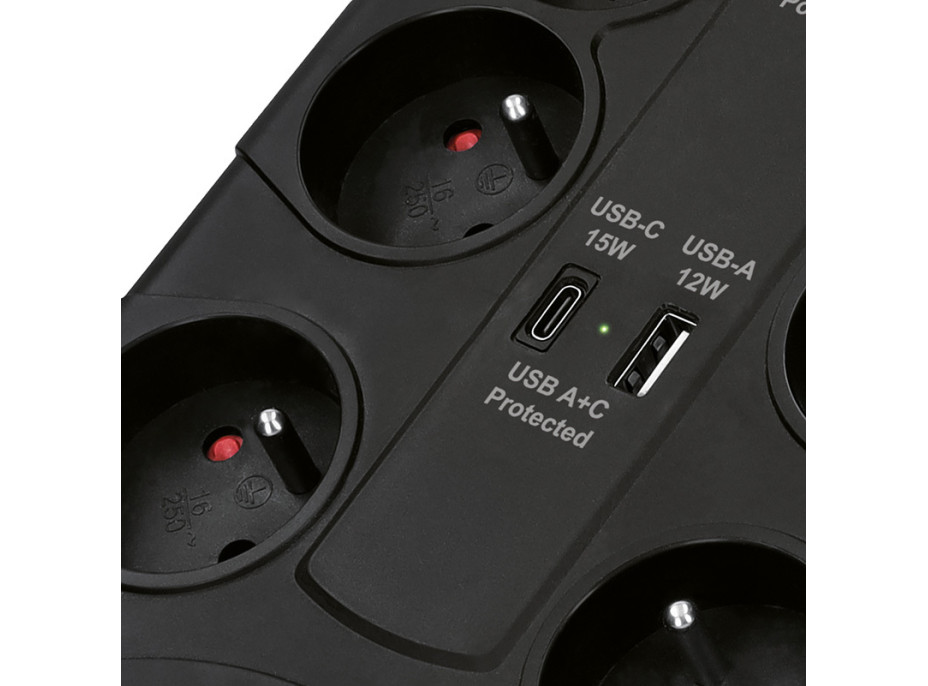 Solight přepěťová ochrana, 8z, USB A+CA, 2m, černá