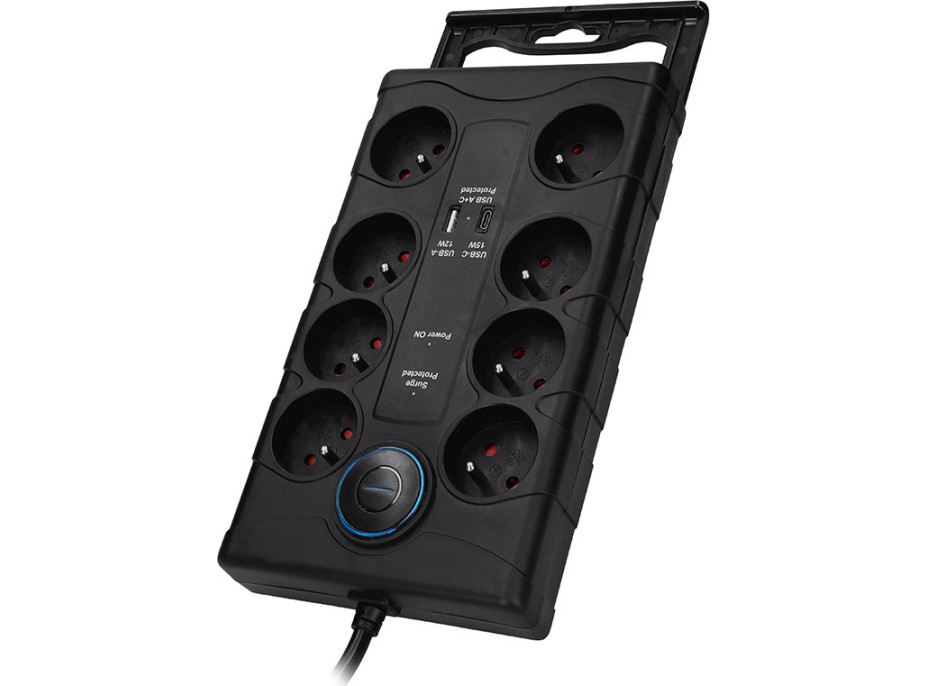 Solight přepěťová ochrana, 8z, USB A+CA, 2m, černá