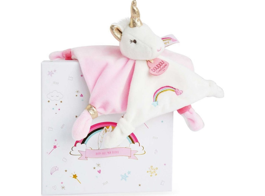 Doudou Dárková sada - plyšový muchláček jednorožec růžový 20 cm