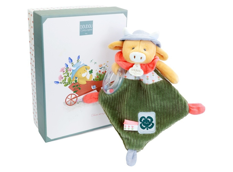 Doudou Dárková sada Plyšová kravička Aneth s chrastítkem 21 cm