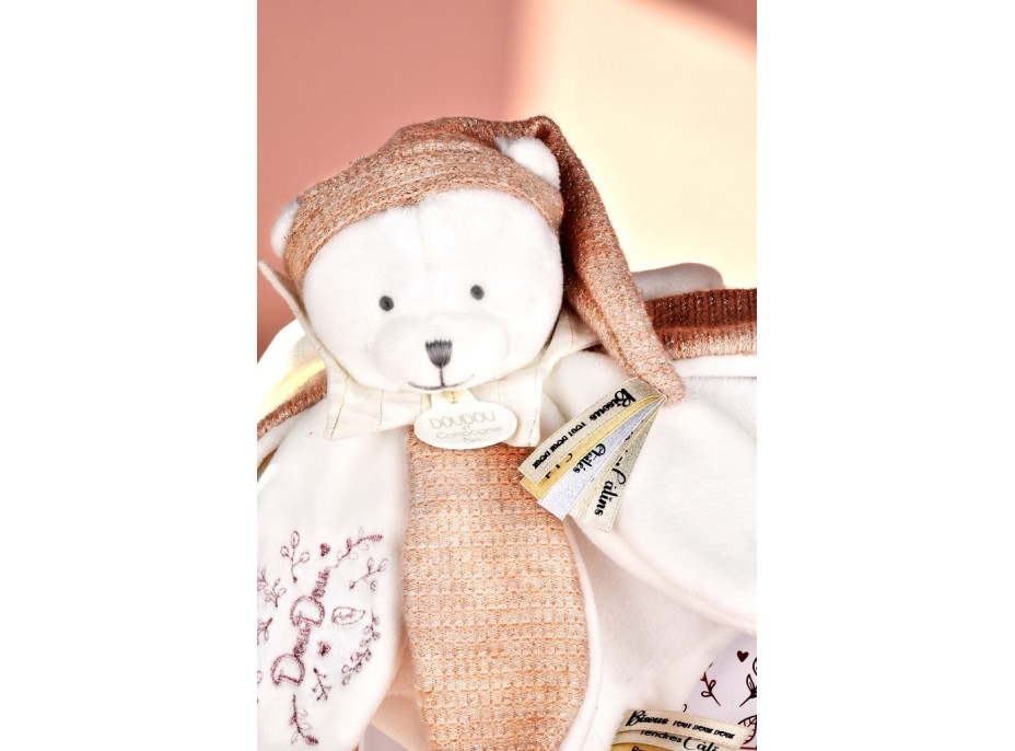 Doudou Dárková sada Plyšový muchláček medvídek s čepičkou 25 cm růžový