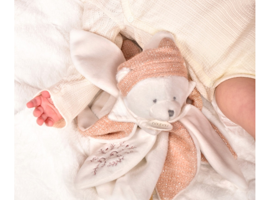 Doudou Dárková sada Plyšový muchláček medvídek s čepičkou 25 cm růžový