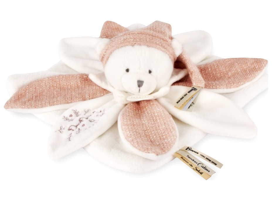 Doudou Dárková sada Plyšový muchláček medvídek s čepičkou 25 cm růžový