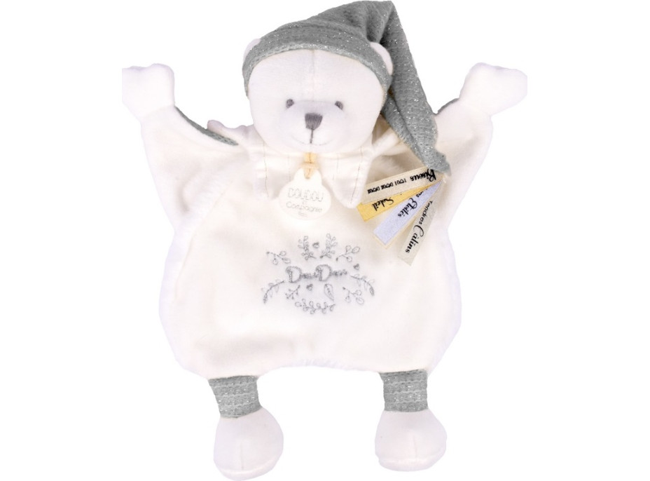Doudou Dárková sada Plyšový muchláček medvídek s čepičkou šedý 25 cm